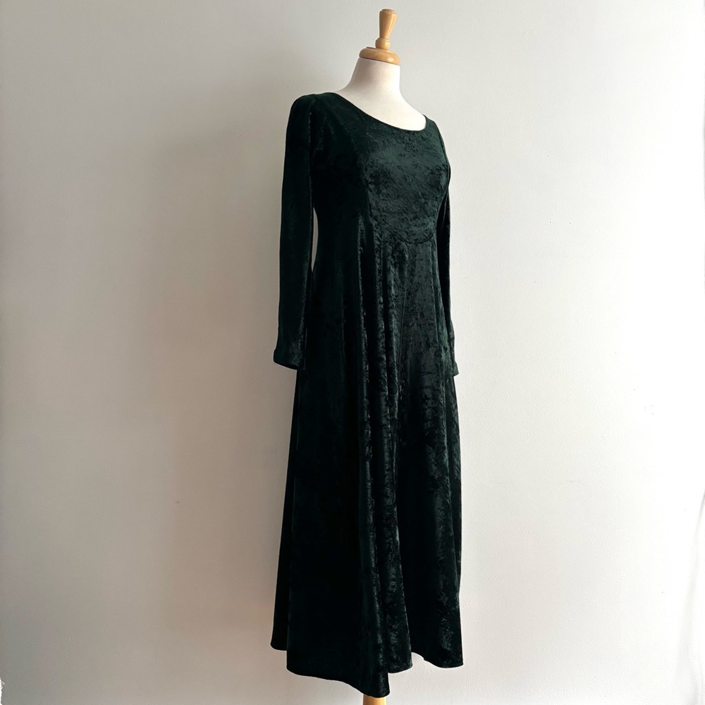 Vintage 1990s ALL THAT JAZZ Dark Green Crushed Velvet Midi Dress / 8 - Picture 5 of 13